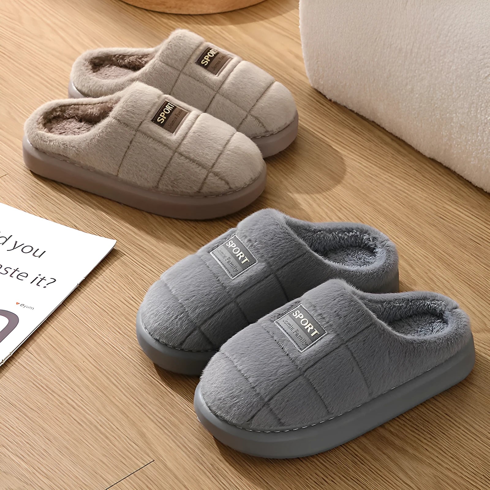 Men's plaid pattern winter slippers with toe holder design in brown, grey and coffee colours