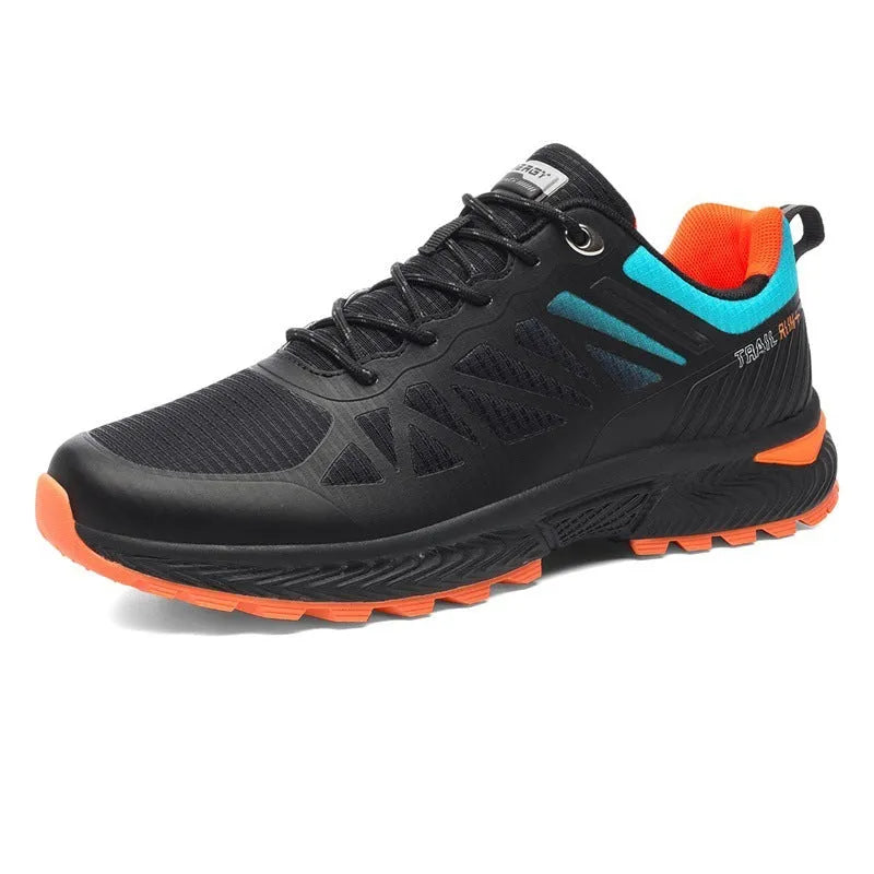 Men's black breathable mesh outdoor running shoes with round toe and lace-up closure