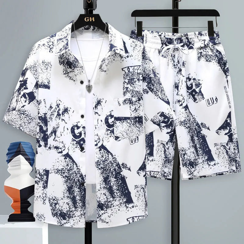 Men's grey casual polyester short sleeve top and matching shorts laid flat.
