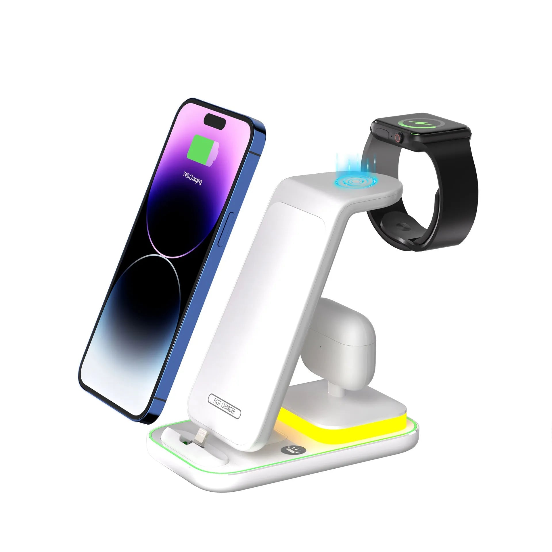 Black and white vertical wireless charging stand for mobile phones, watches, and headsets with 15W fast charging