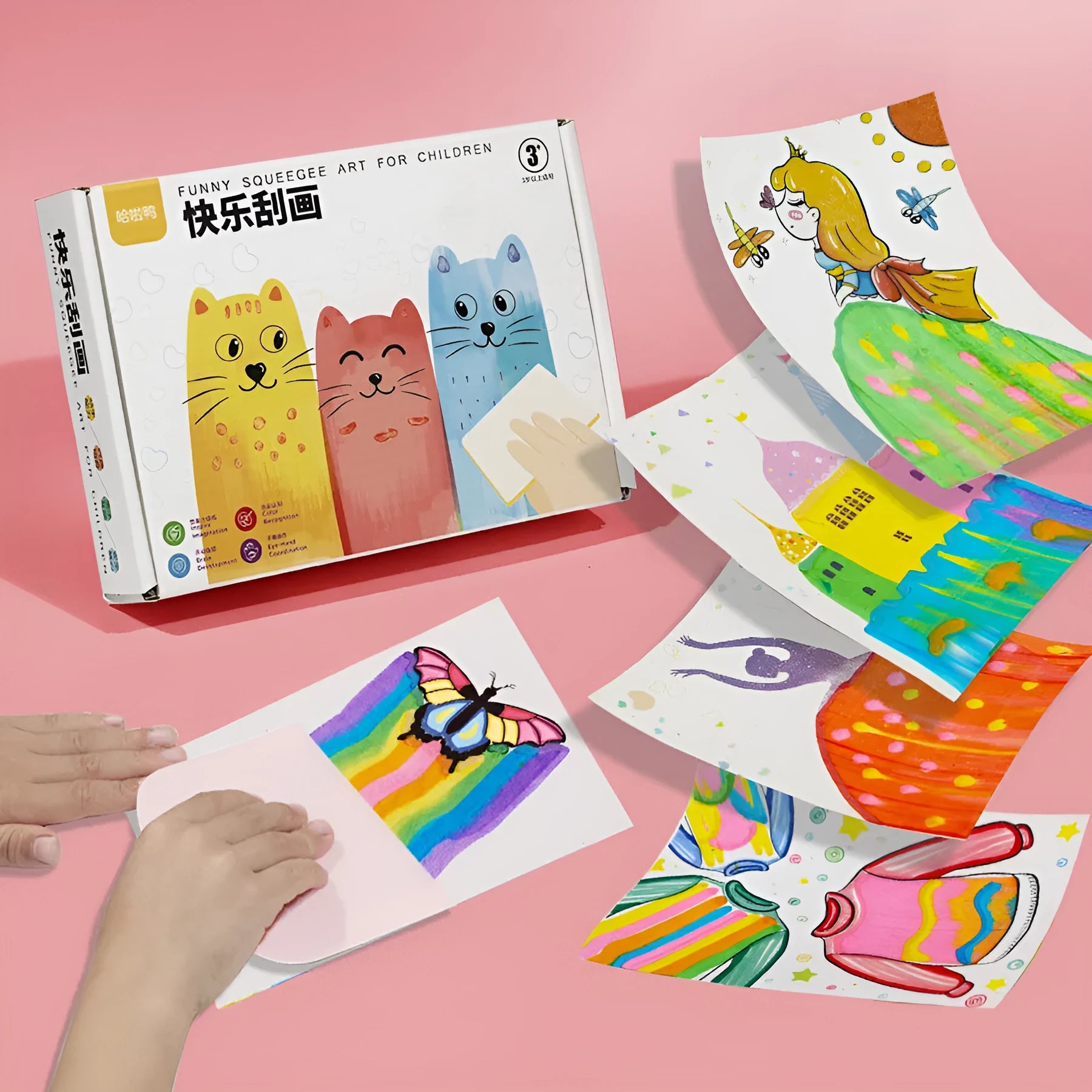 Children's Happy Scratch Painting Kit with 22 double-sided cards and scraper in colour box