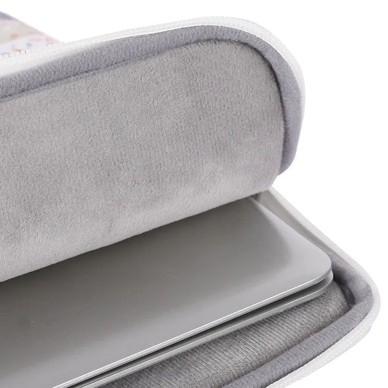 White PU leather laptop inner bag for 14-inch computers, shown with size options for 11, 12, 13, 14, and 15 inches.