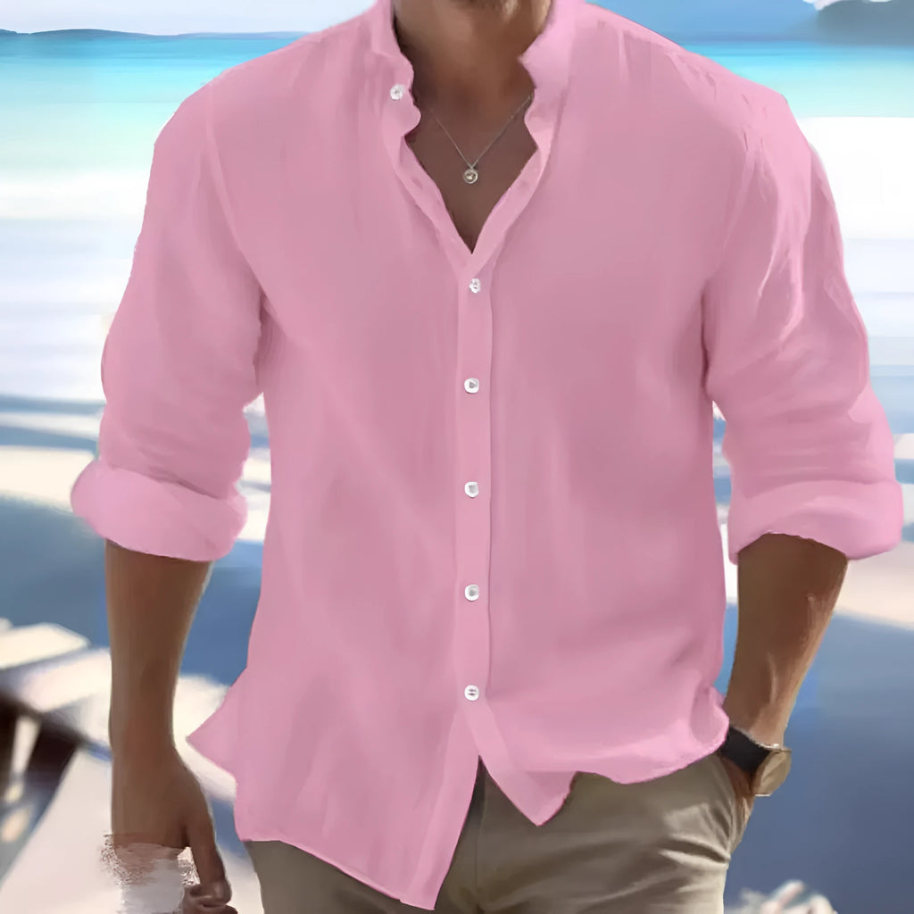 Men's casual long-staple cotton button-up summer shirt on a hanger.