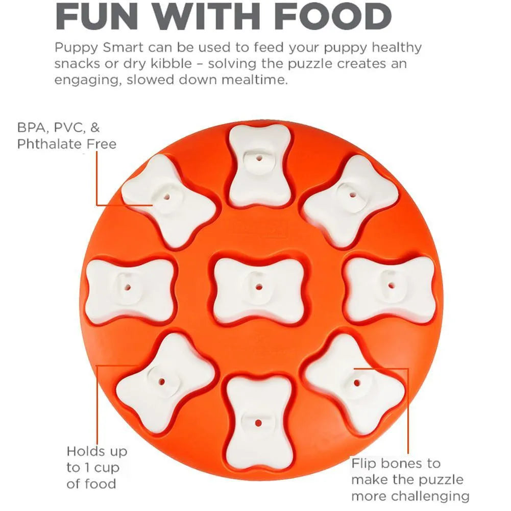Blue interactive dog puzzle toy with nine compartments and bone covers on a light background