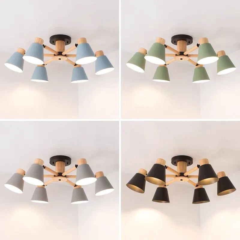 Nordic ironwood ceiling lamp with macaron design in multiple head configurations