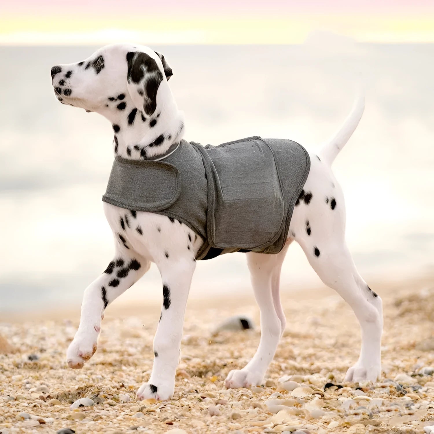 Heather grey dog anxiety jacket and warm vest made from brocade cotton ponte de roma fabric.