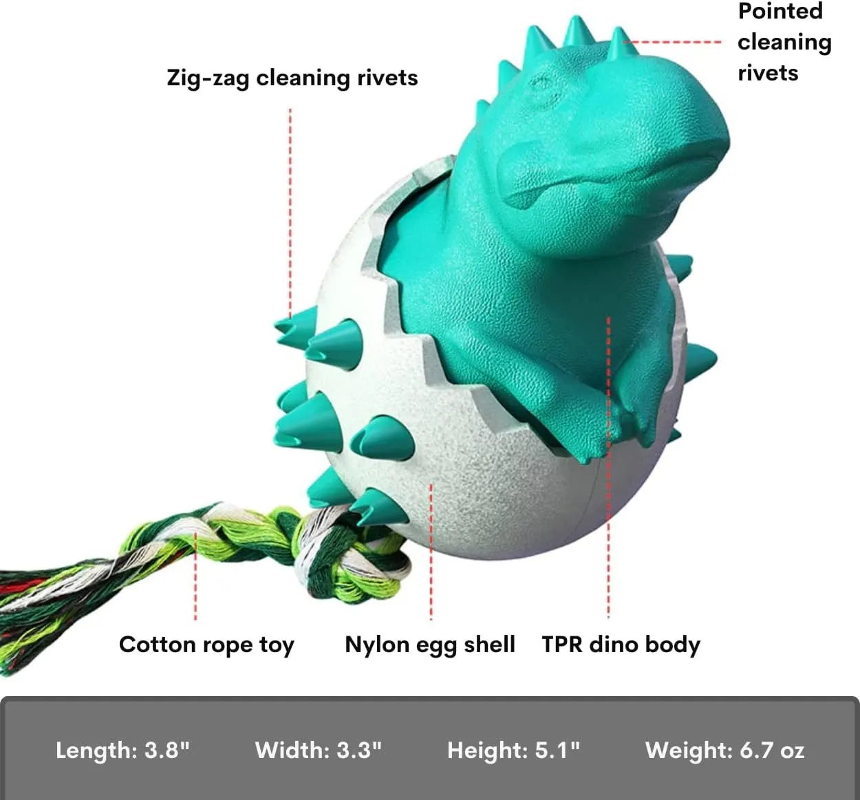 Dinosaur-shaped natural rubber dog chew toy with rope attachment in blue, green, orange or yellow