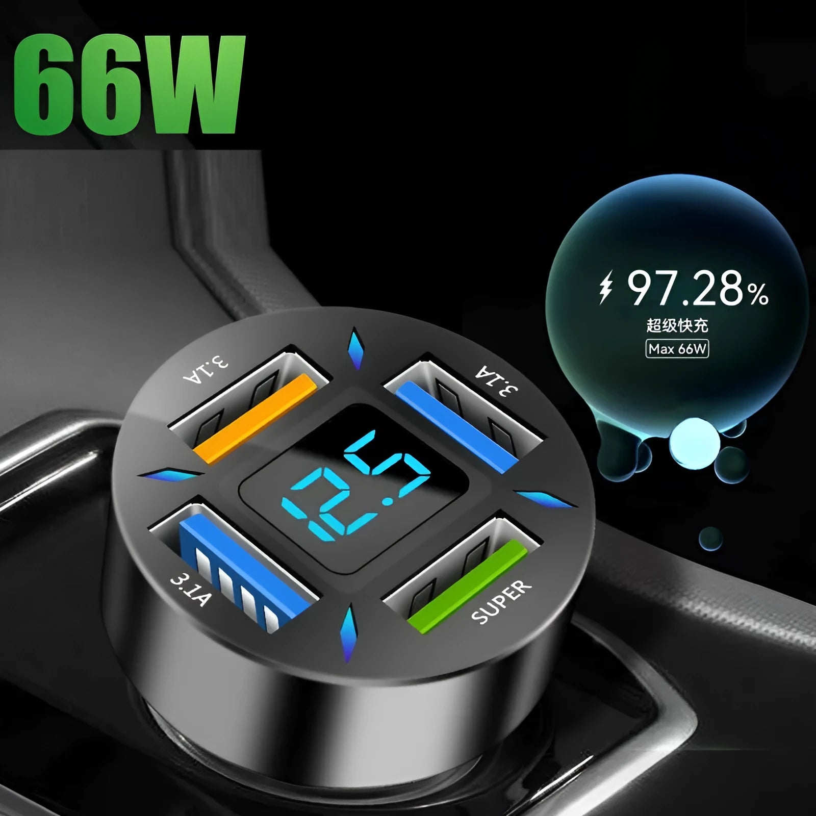 Black four-port USB car charger with digital LED display, shown plugged into a car dashboard.