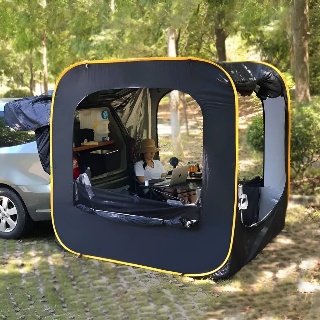 Black pop-up car tail tent unfolded to 200cm size with storage bag