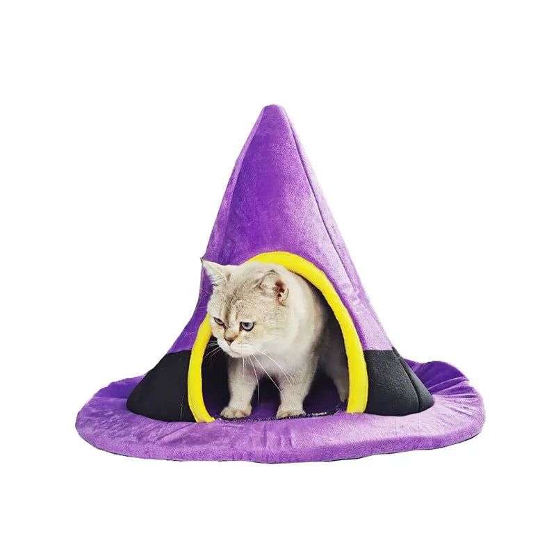 Purple Halloween witch hat shaped soft cloth cat bed for pets.