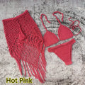 Women's 3-piece crochet bikini swimsuit set in a choice of colours on a mannequin.