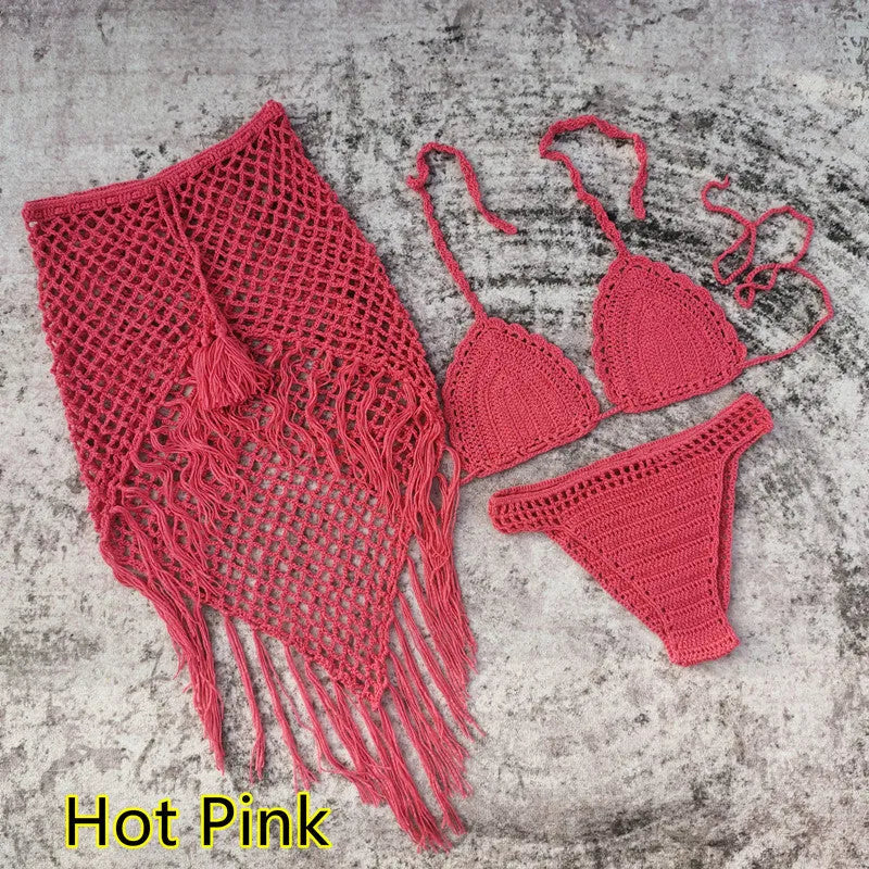 Women's 3-piece crochet bikini swimsuit set in a choice of colours on a mannequin.