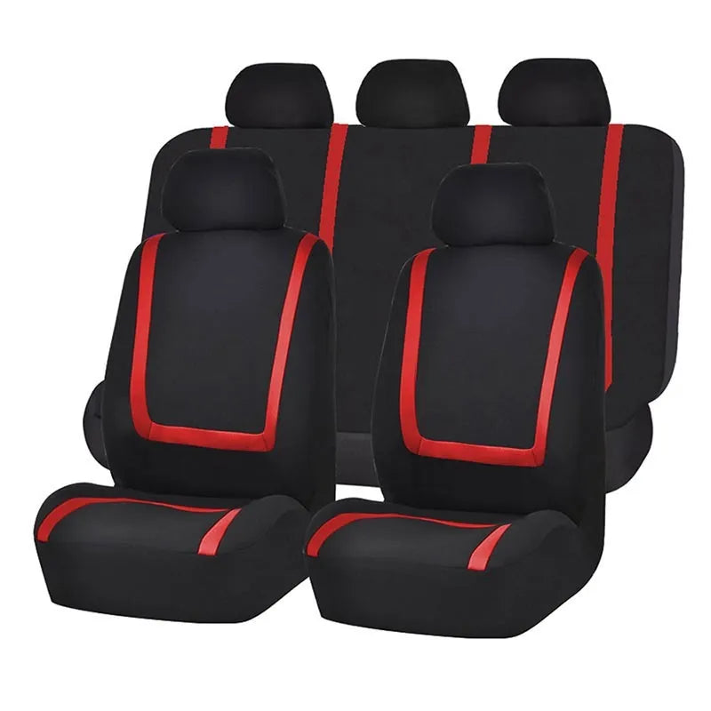 Fully enclosed fabric car seat cover set shown in a two-tone colour on a vehicle seat.