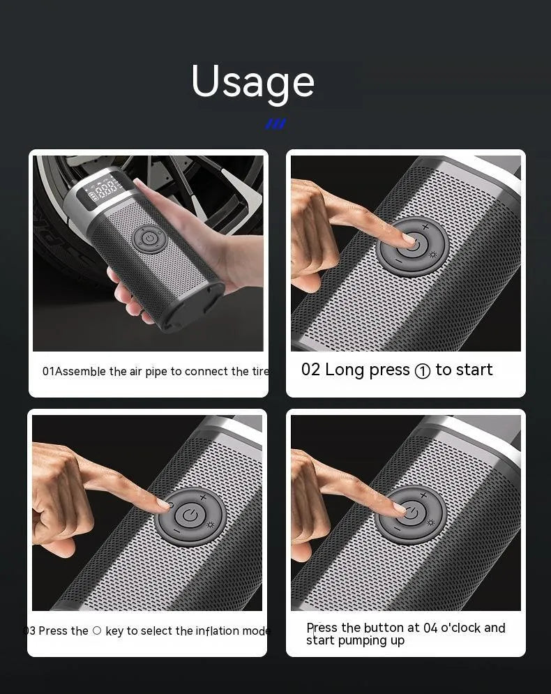 Black portable wireless air pump with metal construction, USB charging port, and 15cm inflation tube