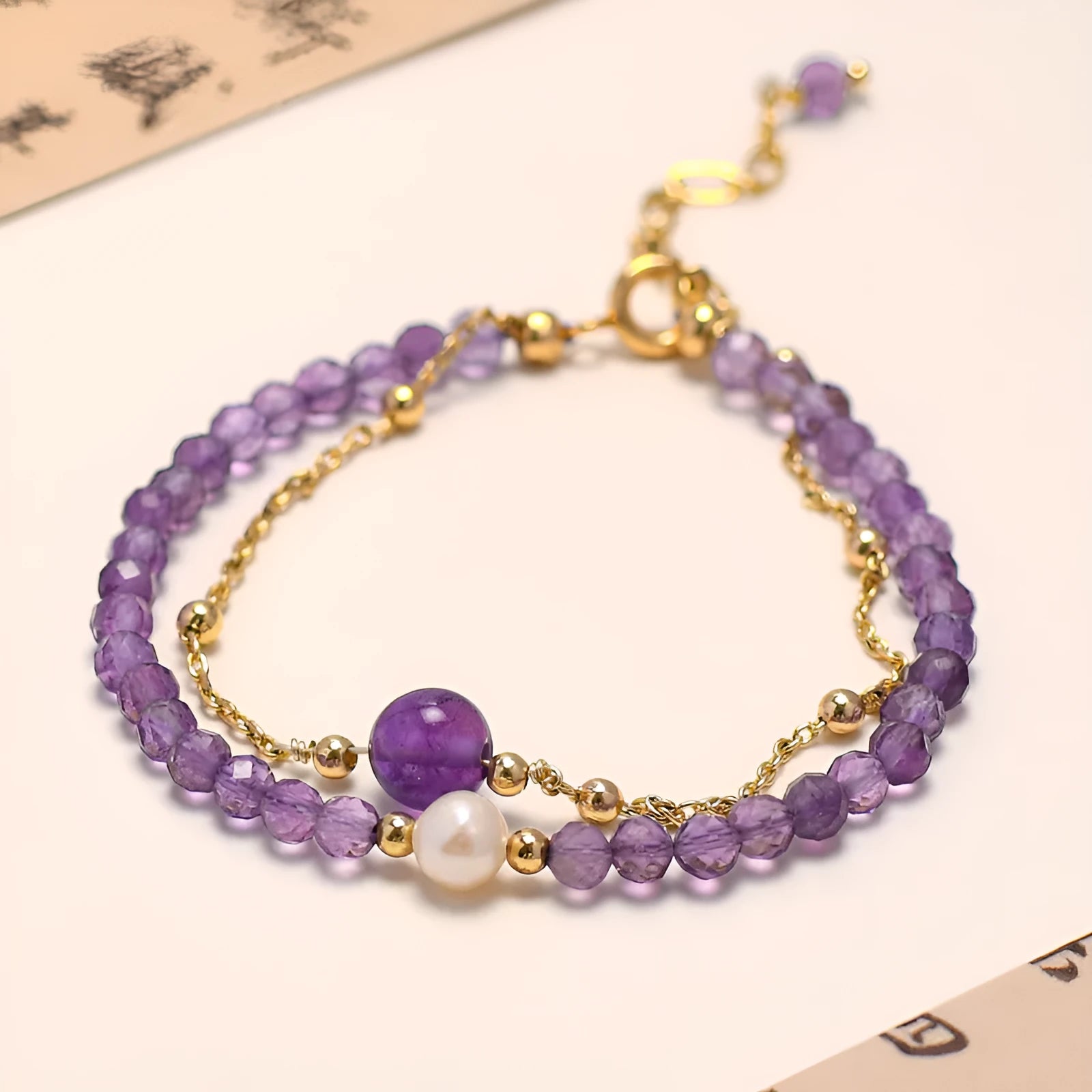 Chinese style amethyst crystal bracelet with diamond-shaped beads and electroplated finish