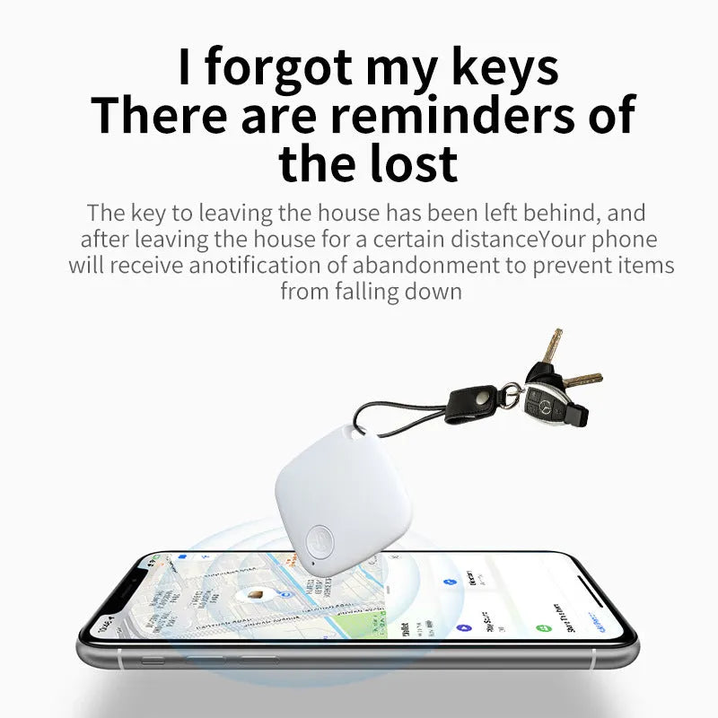 Small black Bluetooth tracker with key ring, shown next to a set of keys to illustrate size.