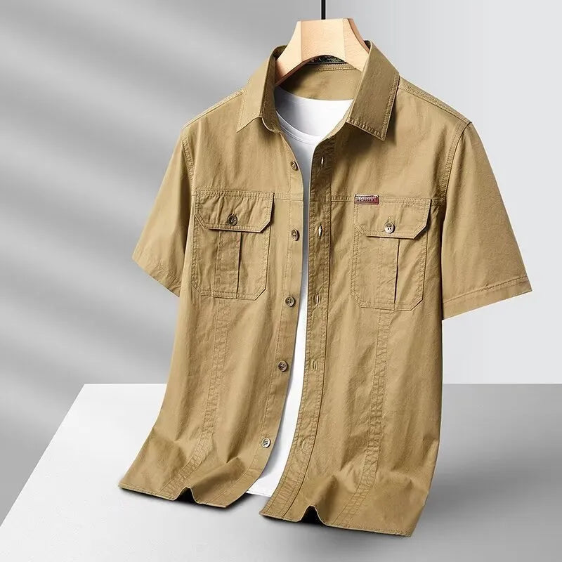Solid colour short sleeve men's cotton blend work shirt in khaki, loose cardigan fit with non-iron finish