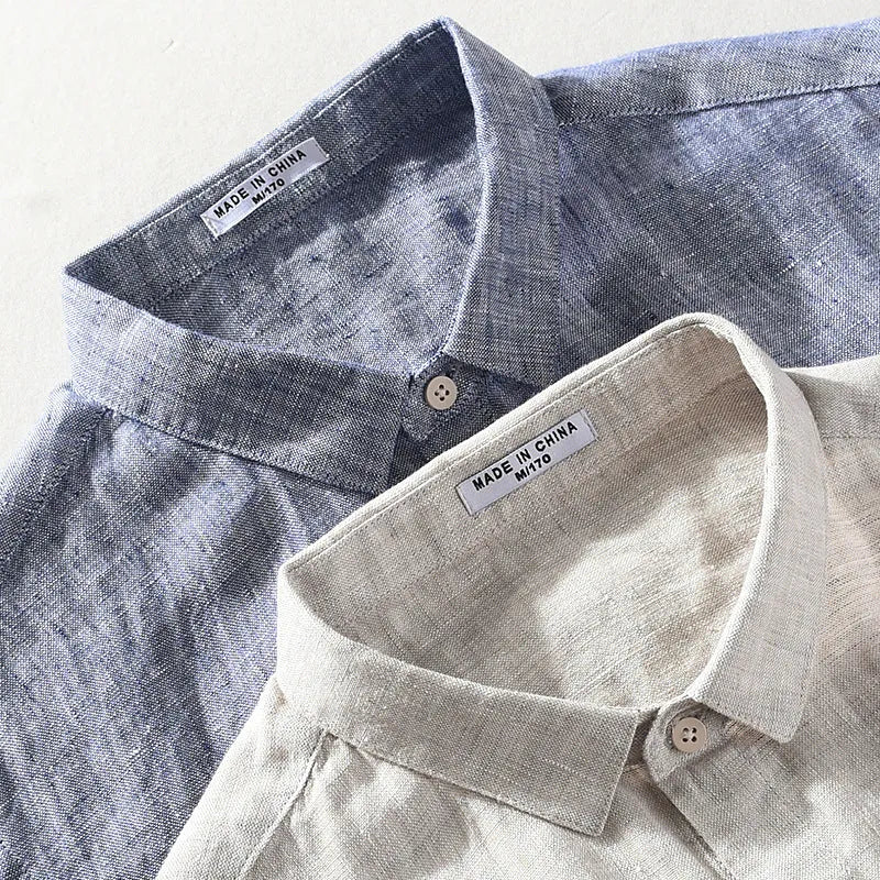 Men's square collar short sleeve linen shirt in raw jute colour on a hanger