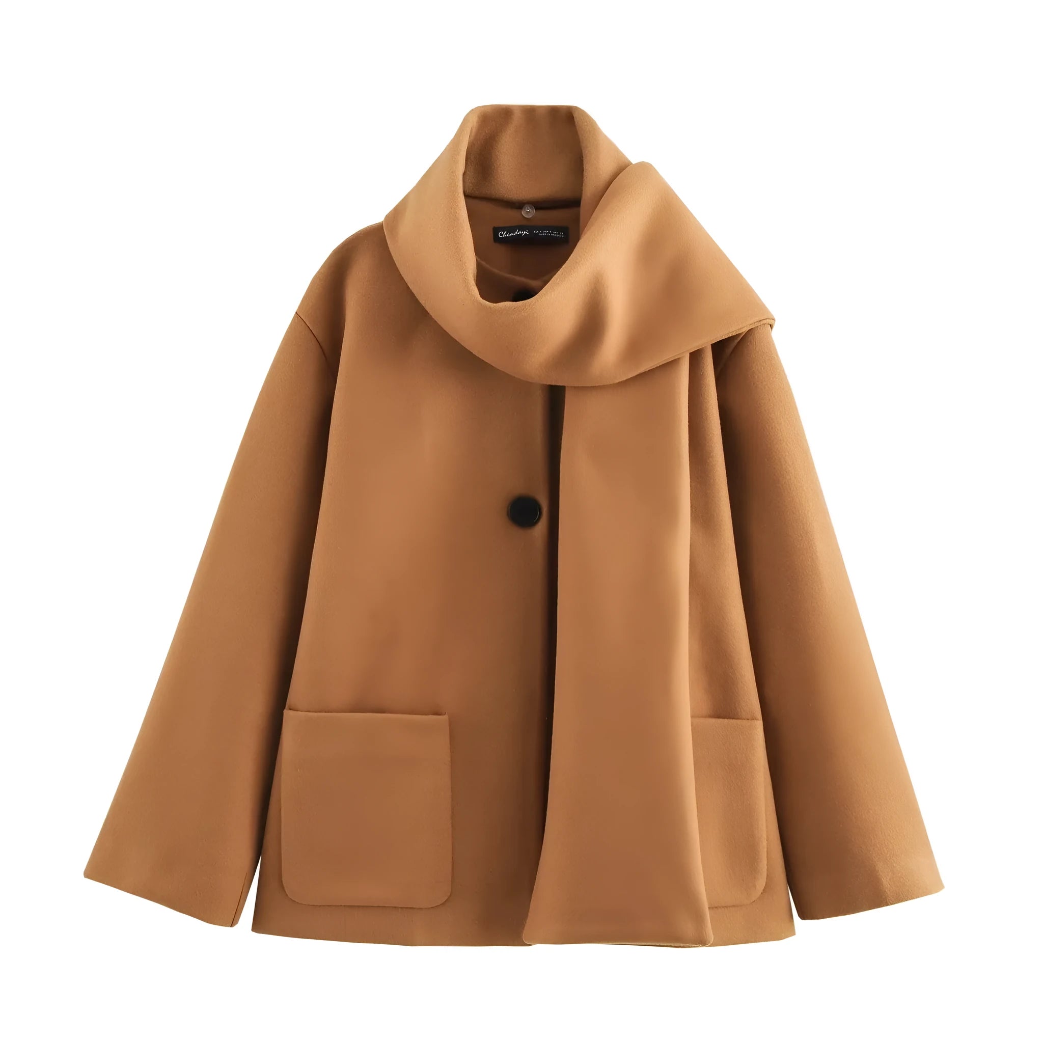 Women's long black polyester coat with a fluffy artificial fur collar, side pockets, and a street-fashion silhouette.