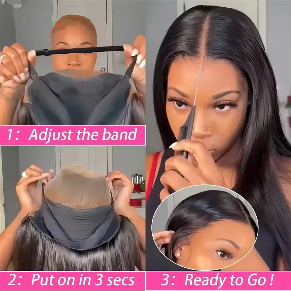 A woman wearing a long, straight, black human hair glueless wig with side bangs