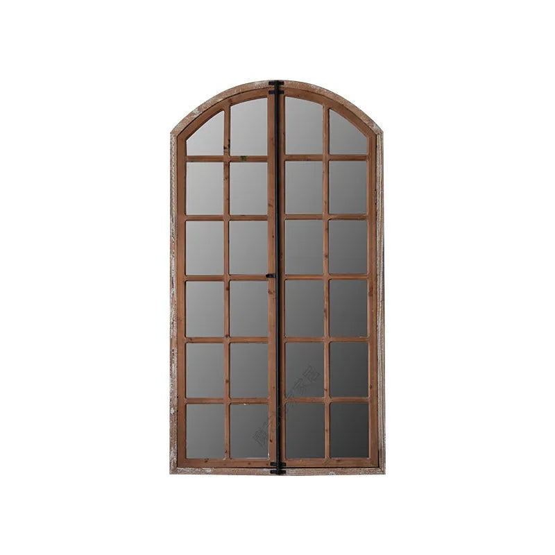 Terrace style distressed wooden frame wall mirror with log colour finish and glass panels