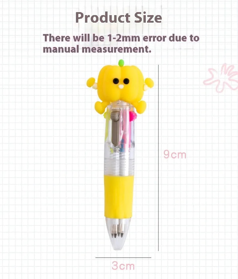 Cartoon print press ballpoint pen showing four-colour design options including cactus, fast food, and heart wings.