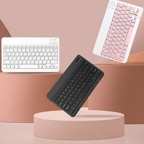 10-inch solid colour Bluetooth keyboard and rechargeable dual-mode mouse set on a desk.