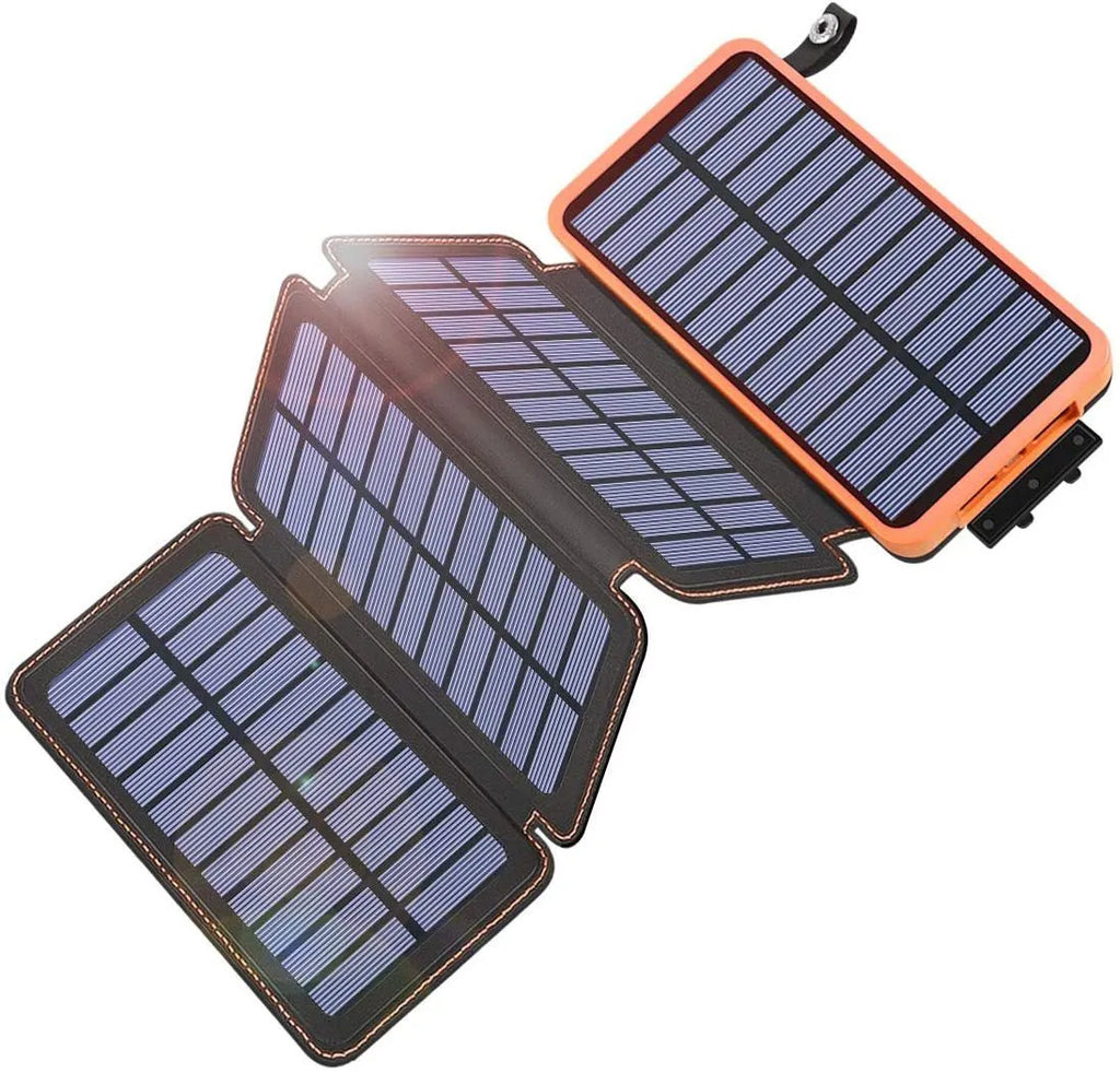 Black solar power bank with leather casing and monocrystalline solar panel showing charging ports and LED light