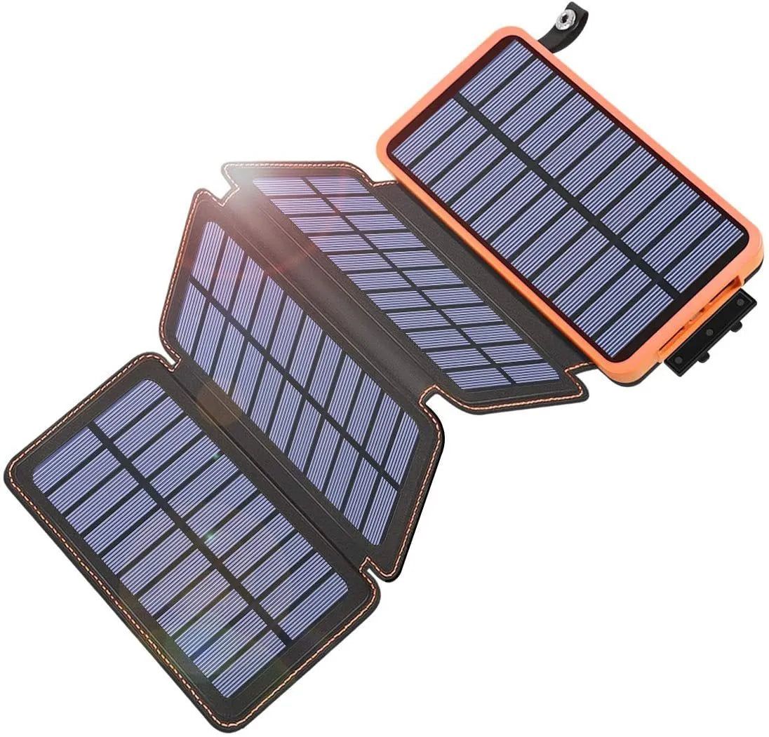 Black solar power bank with leather casing and monocrystalline solar panel showing charging ports and LED light