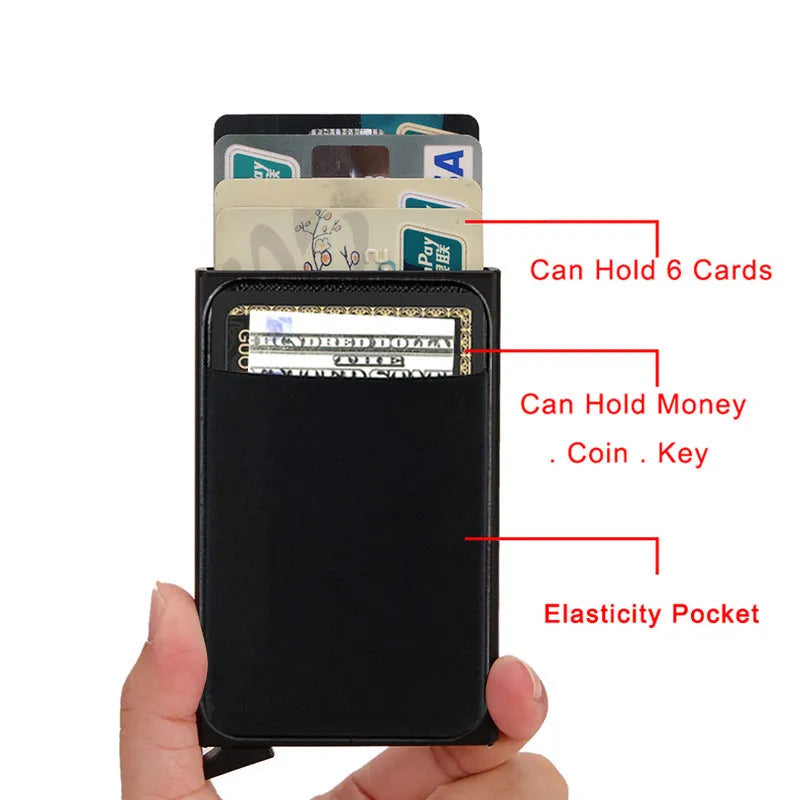 Frosted aluminium metal credit card holder in multiple solid colours showing slim profile