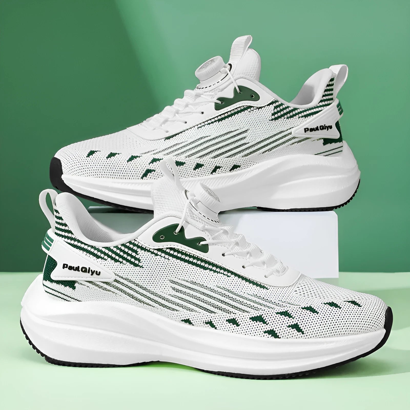Men's white green rotating buckle Fly-kit mesh sports running shoes with TPU popcorn sole