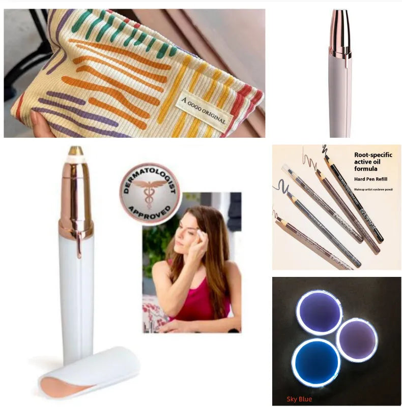 Eyebrow epilator pen with gold plated head and LED light on pink background