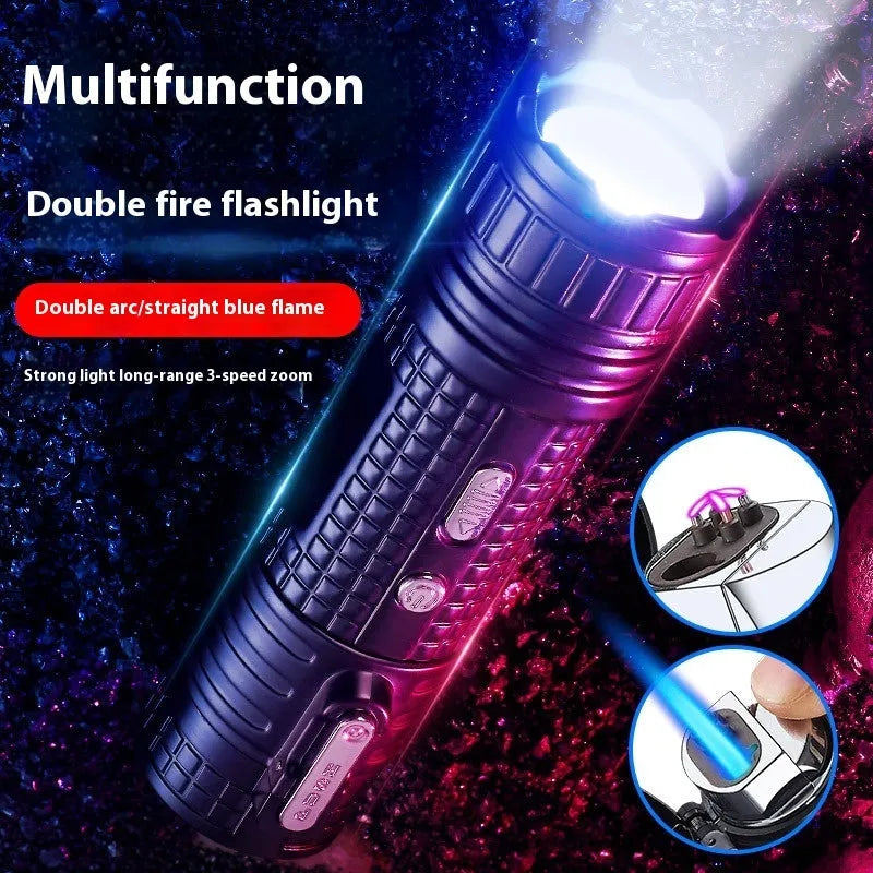 Multi-functional waterproof metal flashlight lighter TH727 in camouflage, red, black, blue, and yellow colours