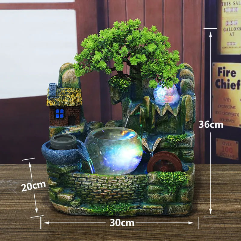 Desktop waterscape fish tank creative humidifier in retro nostalgic resin style, 308+ fog colour, landscape shape with flowing water ornament