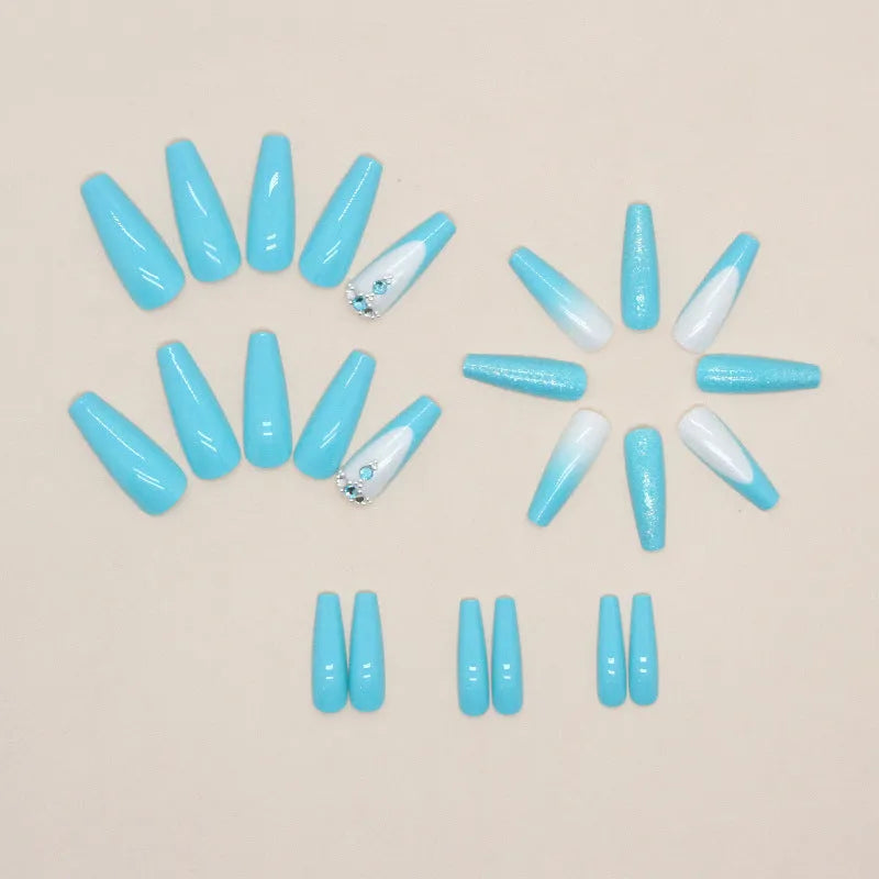 Blue diamond decorated ballerina artificial nails with 20mm length and included glue