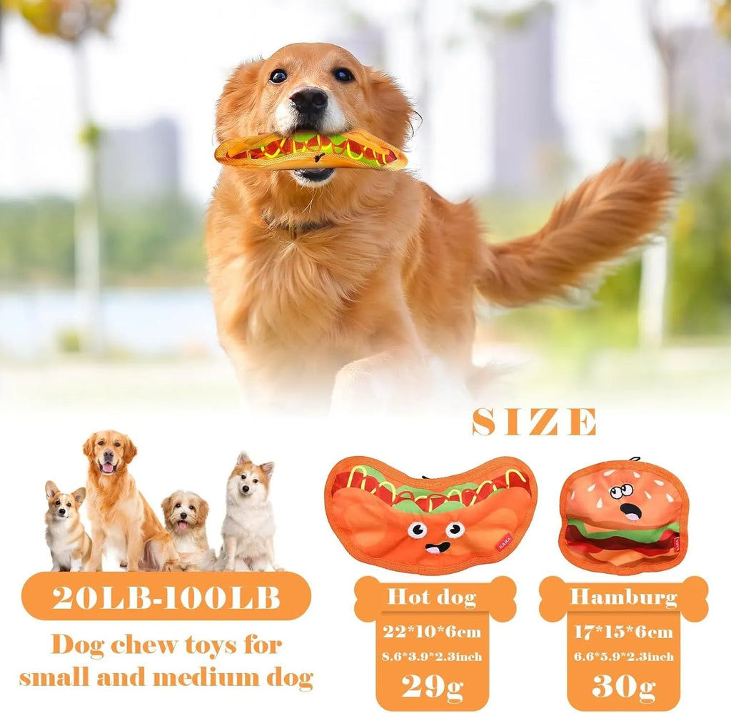 Crinkle and squeak dog toy in hamburger shape for interactive chew play