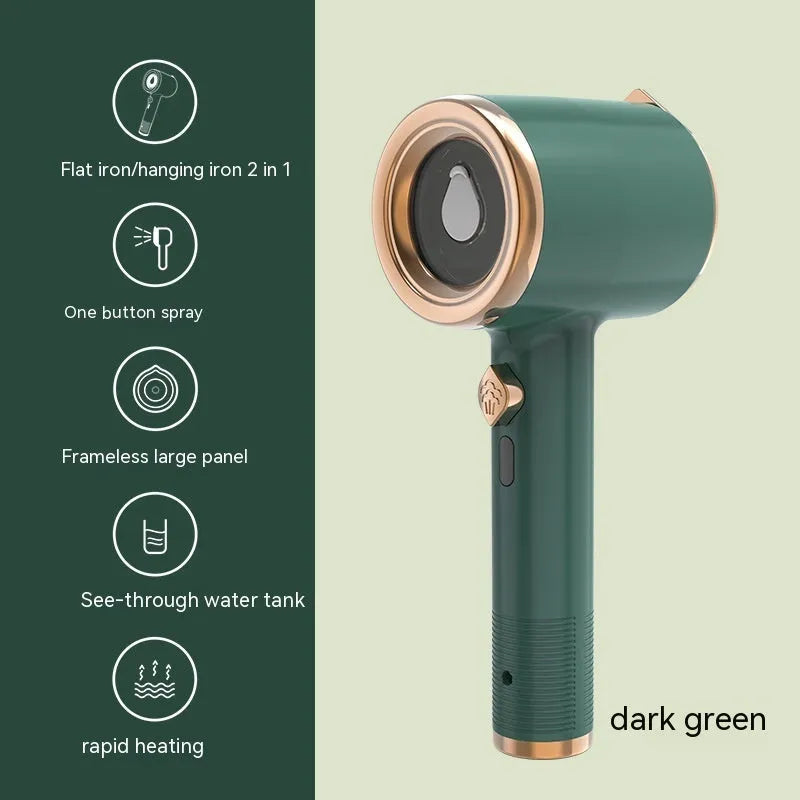 Mini handheld garment steamer in green with visual water tank and US plug