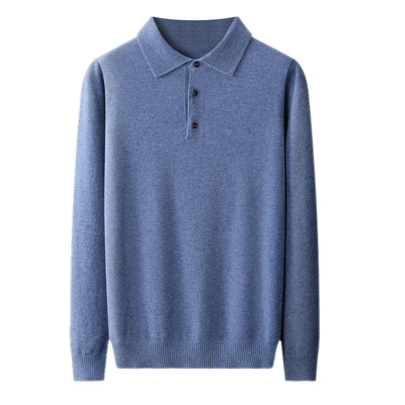 Men's wool polo collar pullover sweater in noble blue colour, showing long sleeves and collar detail.