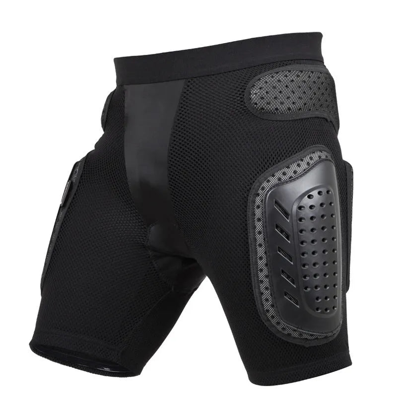 Black cycling hip protection pants showing integrated padding, available in sizes S, M, L, XL.