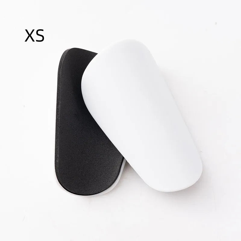 PU mini shin guards for football and sports, shown in black, white, red, and blue colours.