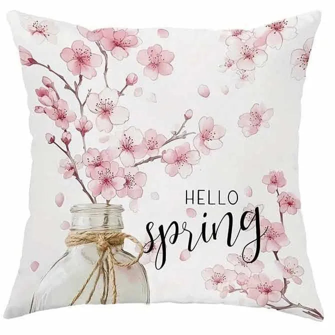 Square short velvet cushion cover with cherry blossom and letter print in 45cm size.