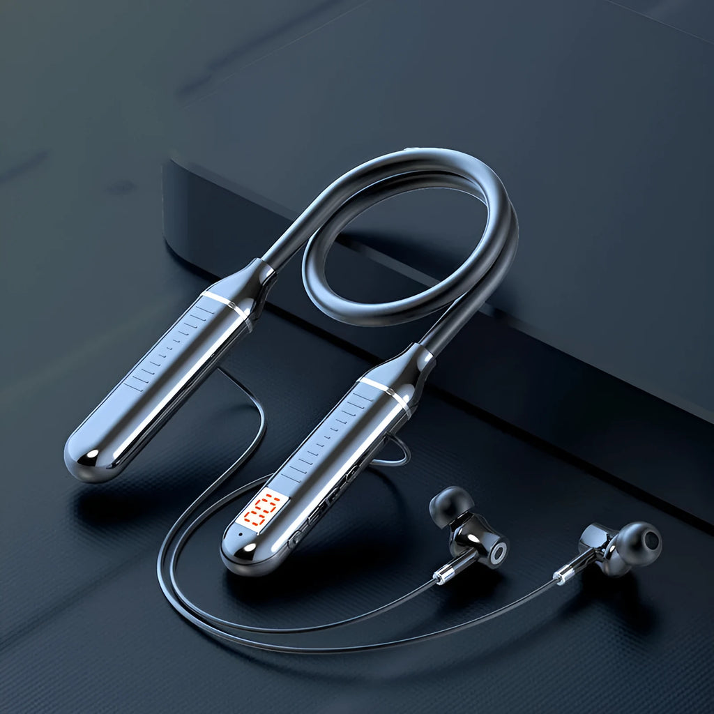 Wireless Bluetooth sports headset with neckband design and power display, shown in black colour option