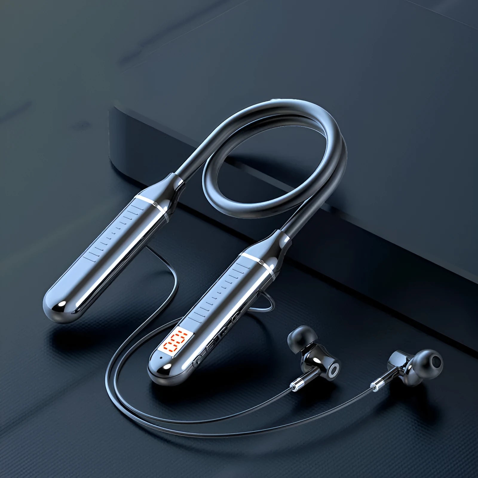Wireless Bluetooth sports headset with neckband design and power display, shown in black colour option