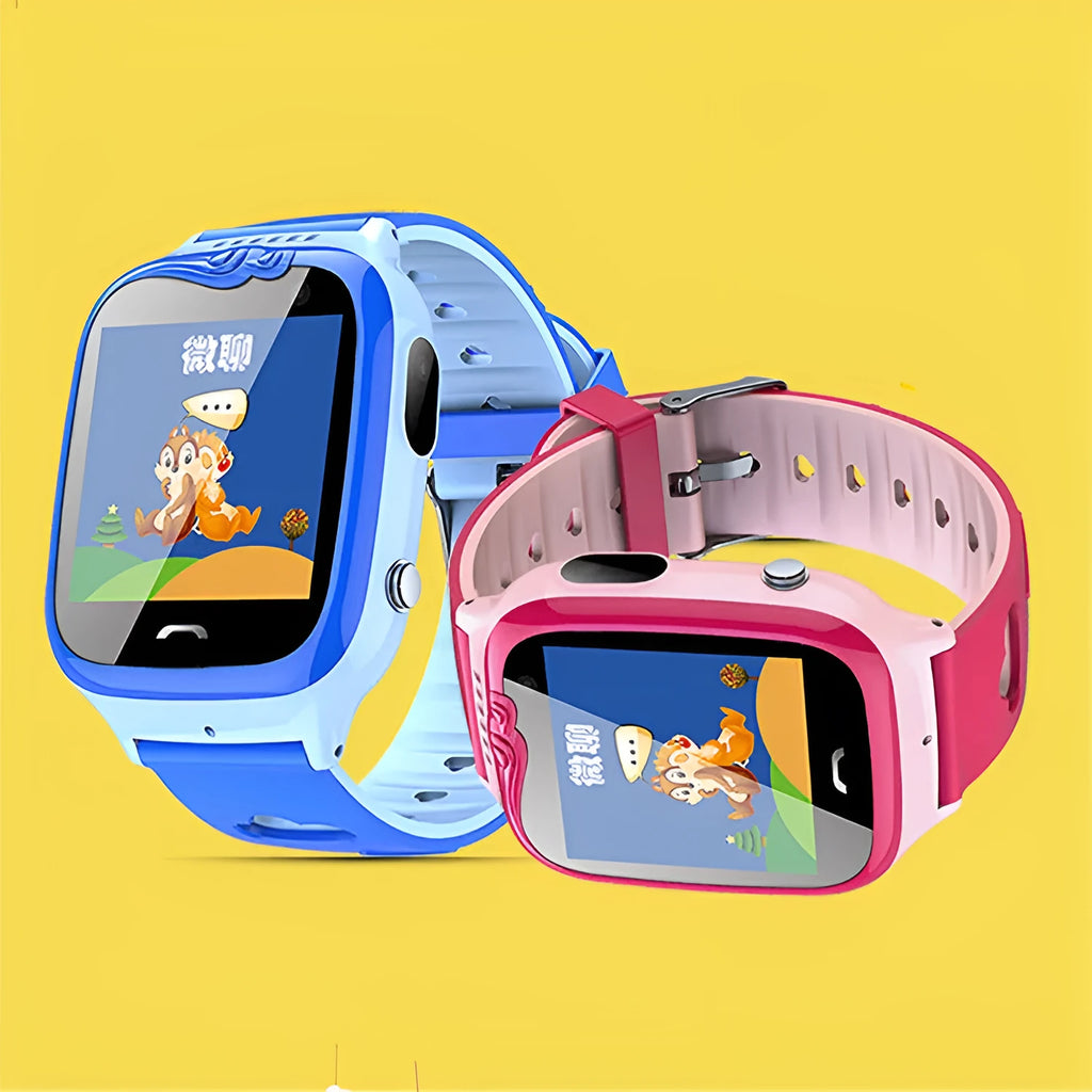 Blue children's smartwatch phone with touchscreen showing time, on a silicone wristband.