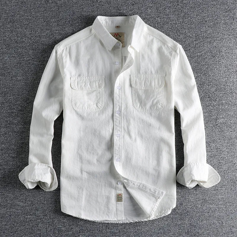 Men's light blue retro cotton long sleeve shirt with regular fit cardigan style