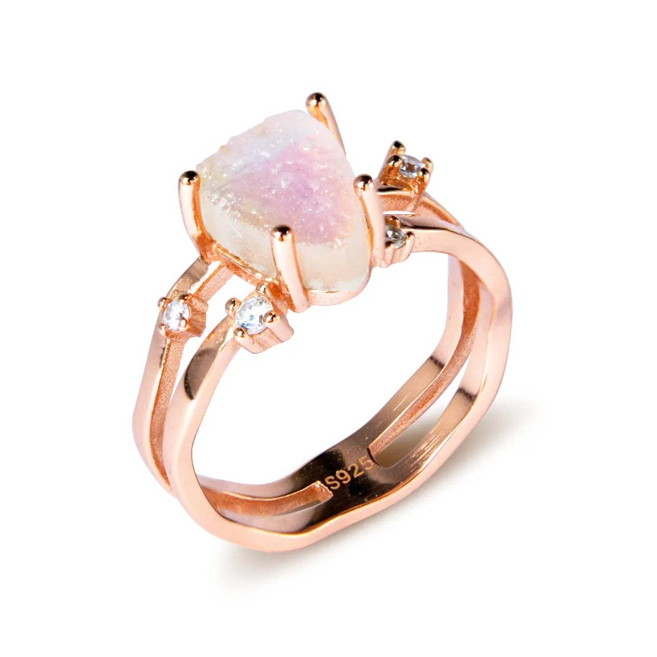 S925 silver ring with irregular triangle shape and moonstone in rose gold, white gold, or yellow gold finish.