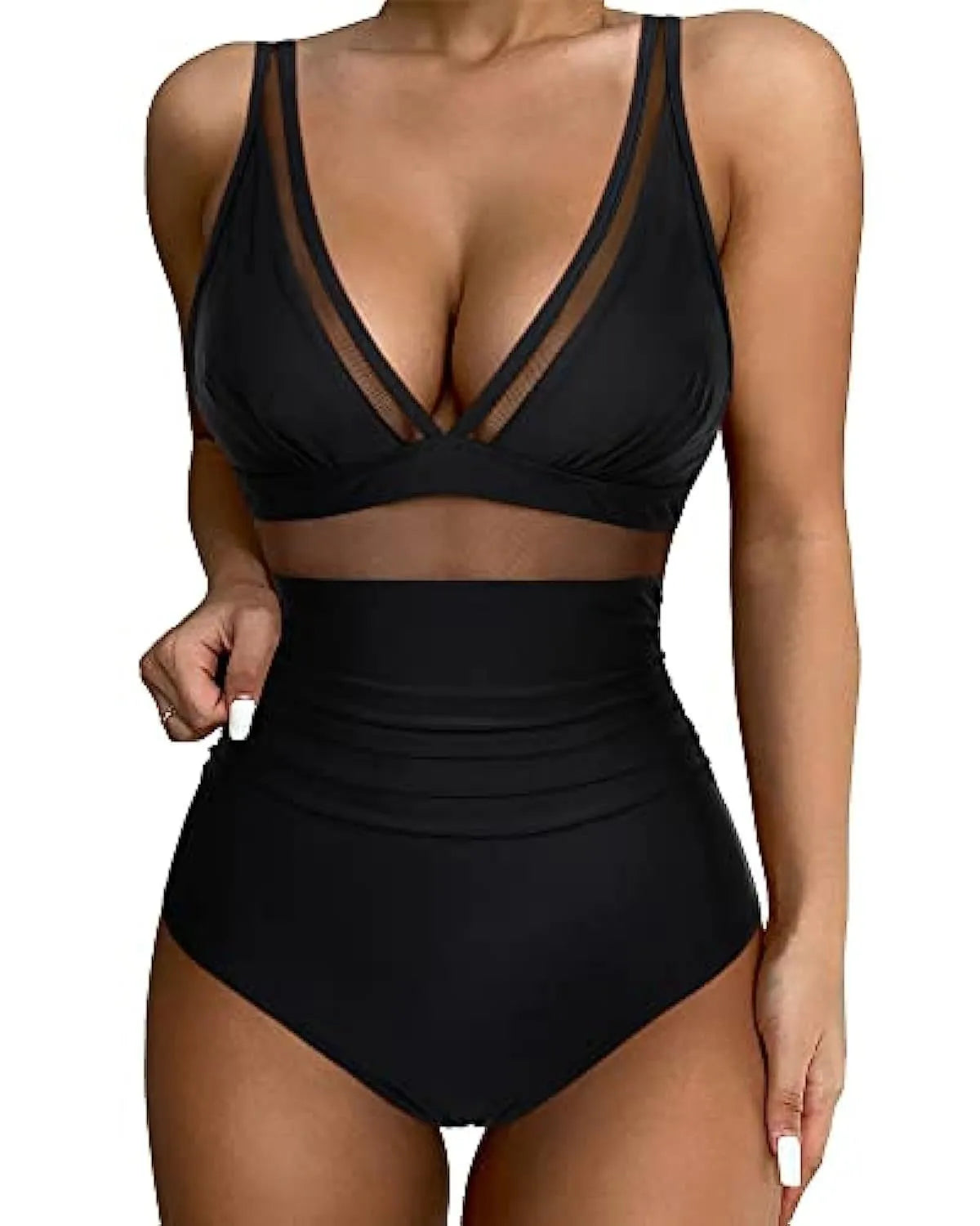 Women's high-waist one-piece swimsuit in polyester fabric available in multiple colours and patterns