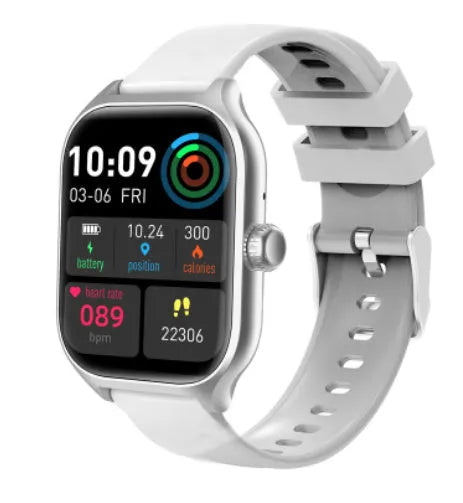 Black Bluetooth smart watch with full touch screen and silicone strap on a wrist