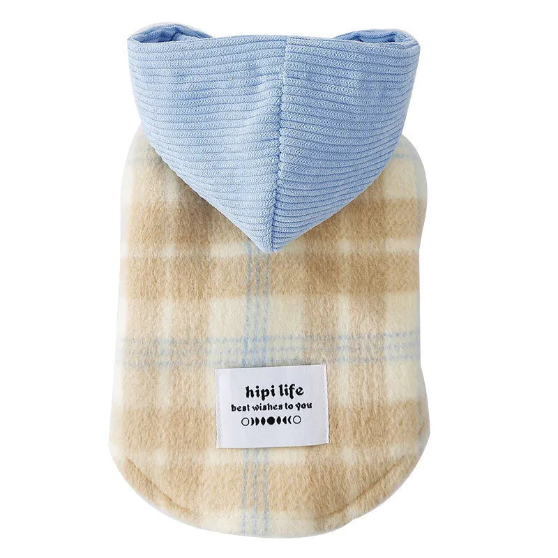 Blue corduroy dog hooded vest with chessboard grid pattern and reflective strips