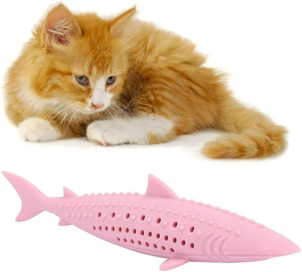 Green silicone fish-shaped interactive chew toy for cats with breathable side holes